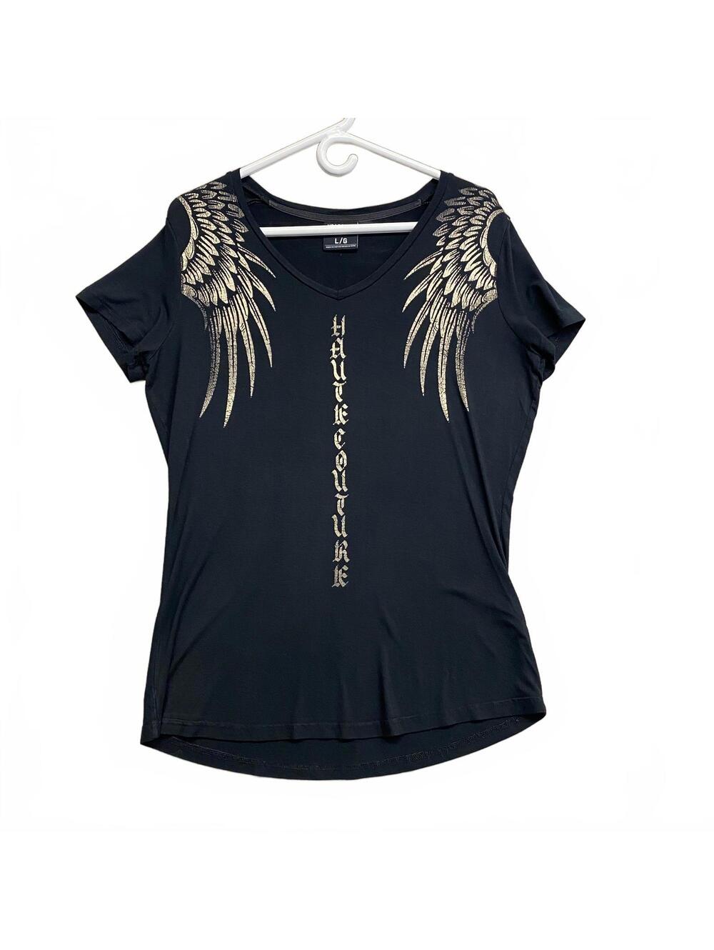 HEADRUSH Ltd Label Black Graphic V-Neck T-Shirt with Wing Design Womens Size L/G